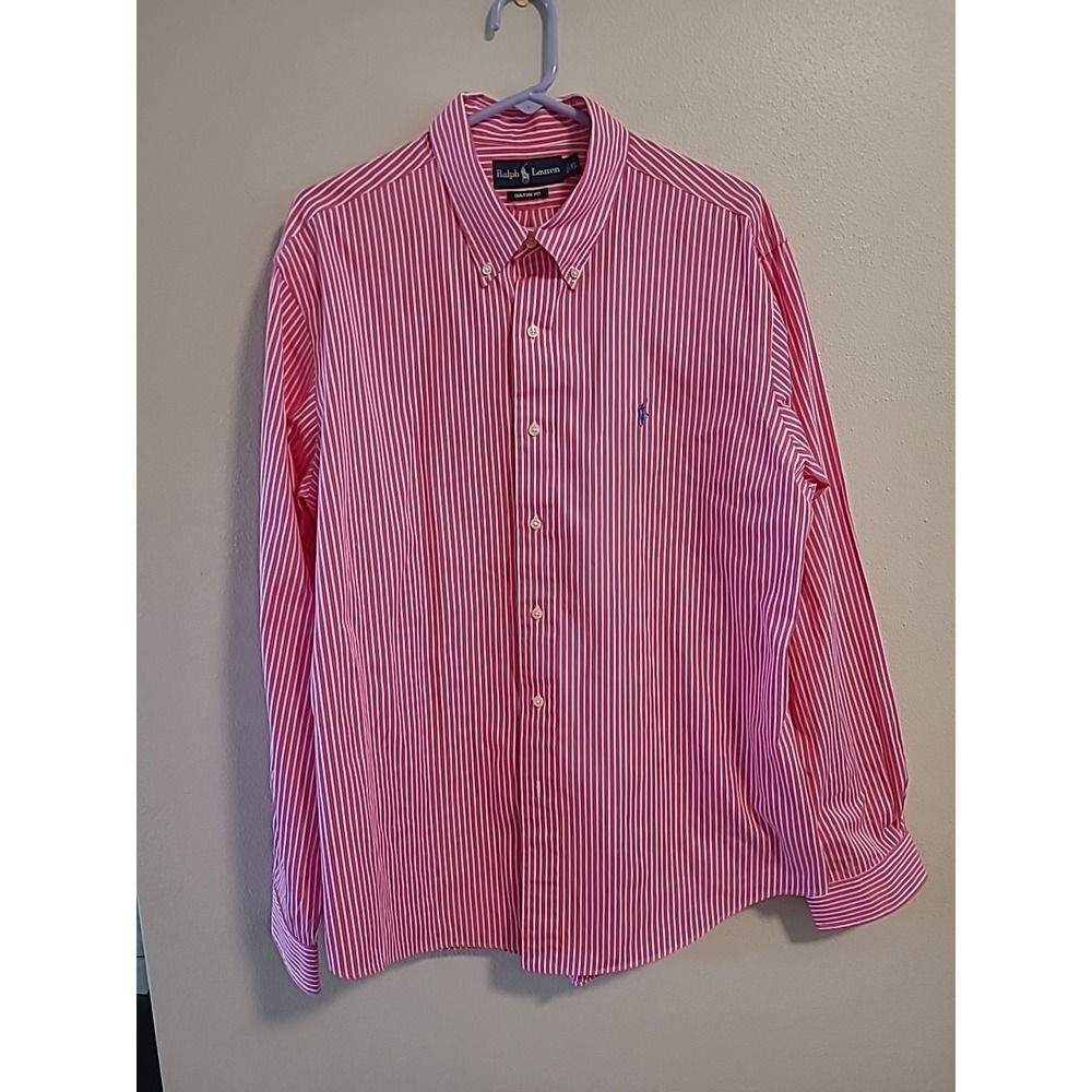 Y2K Ralph Lauren Polo Custom Fit Candy Stripe Button Down XLarge Pink White Logo